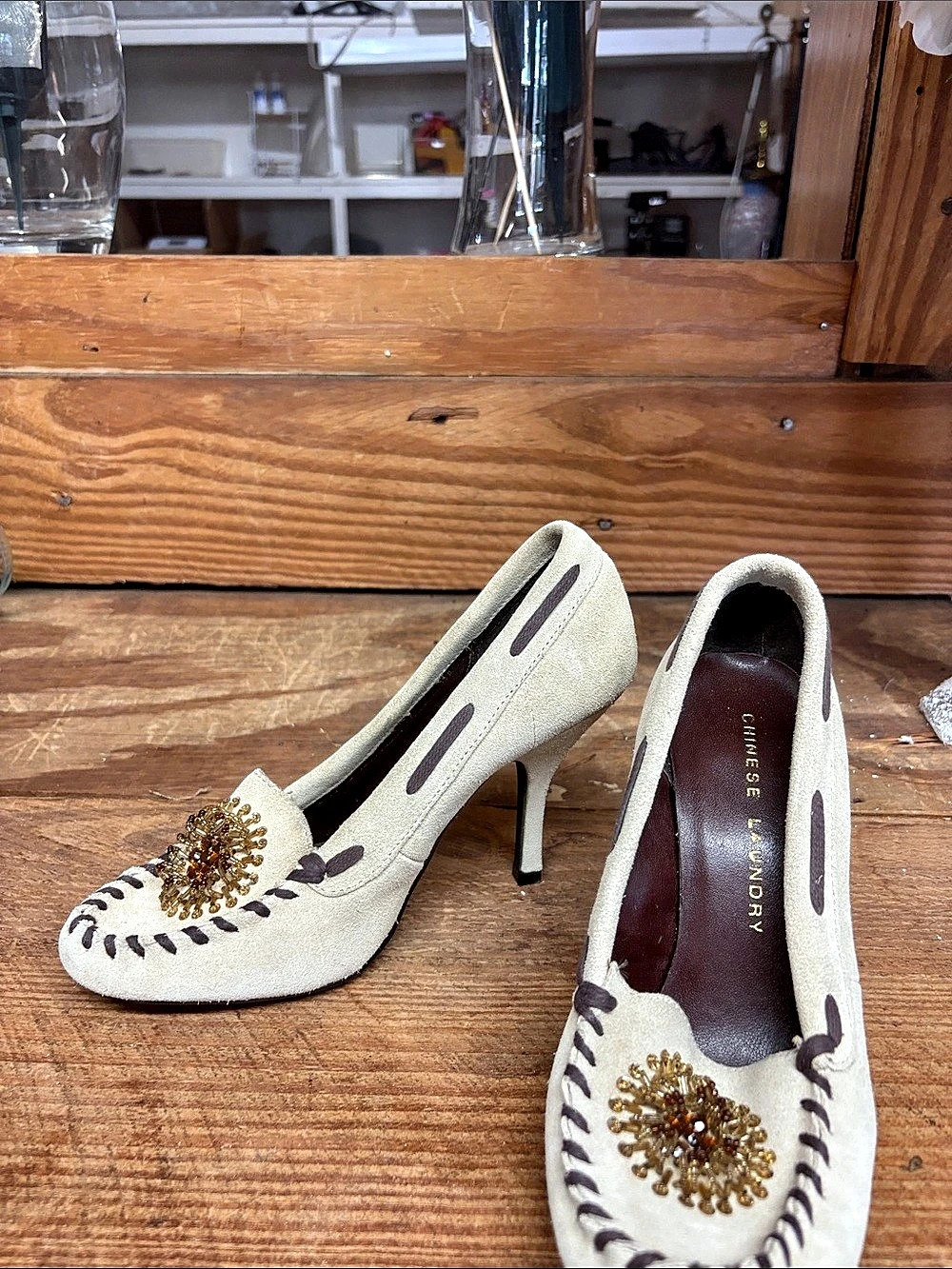 Charles Jourdan Embellished Cream Heels